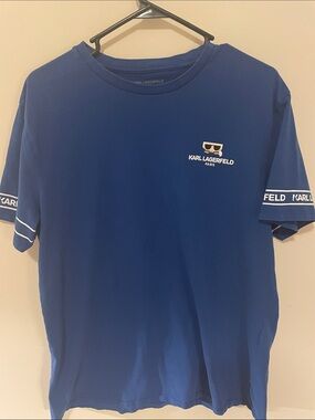 Karl Lagerfeld Blue Short-Sleeve Logo Tee with Sleeve Tape